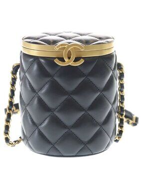 Chanel Crown Box Vanity Lambskin Leather Chain Shoulder Bag Gold Black Plate